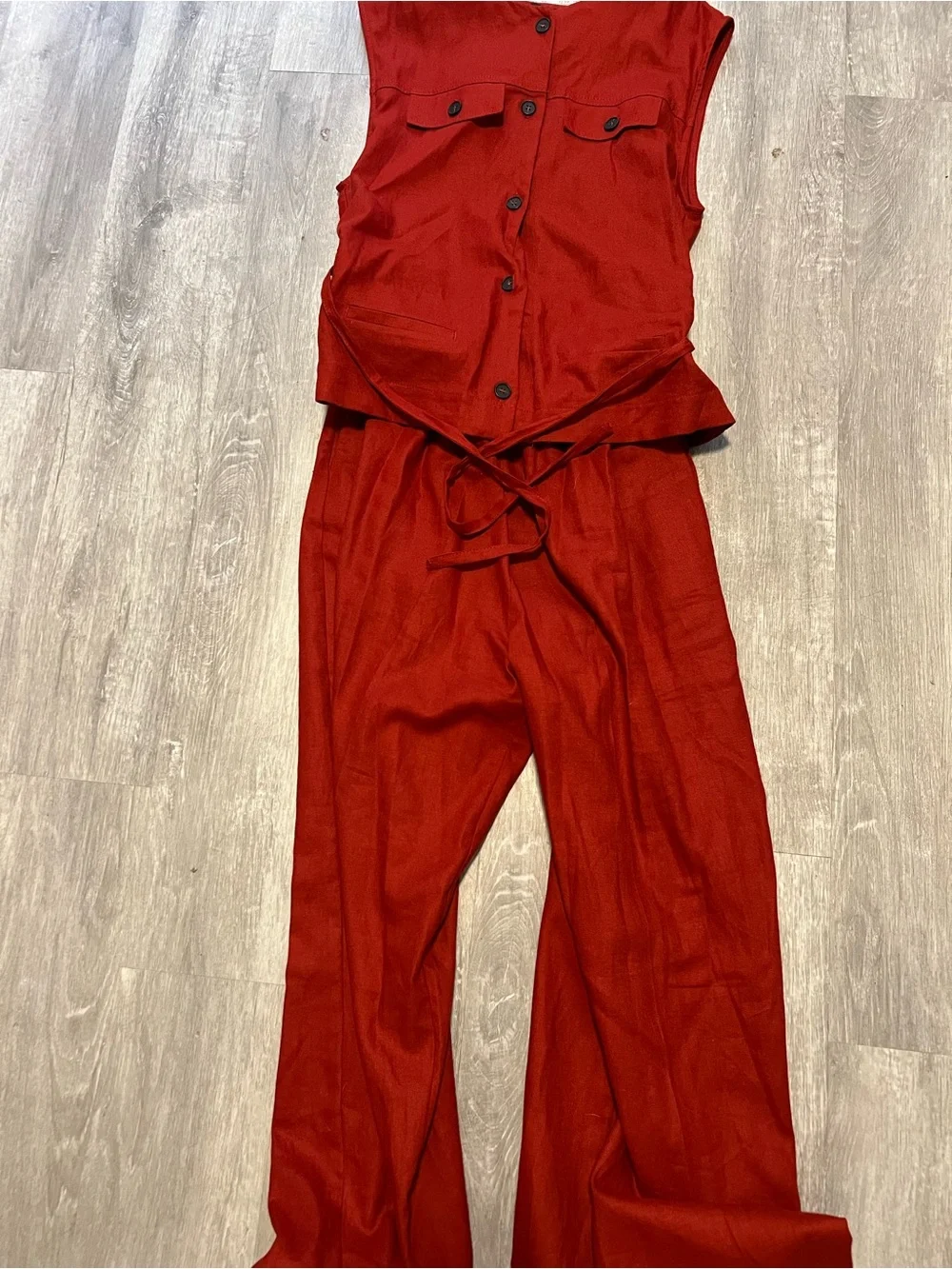 Zara Rust Red linen Sleeveless Wide-Leg Jumpsuit playsuit with Tie Waist